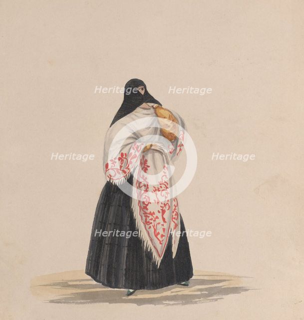 An elegantly dressed woman, from a group of drawings depicting Peruvian costume, ca. 1848. Creator: Attributed to Francisco (Pancho) Fierro.