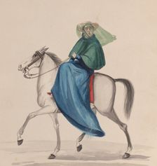 An elegantly dressed woman on horseback, from a group of drawings depicting Peruvian..., ca. 1848. Creator: Attributed to Francisco (Pancho) Fierro