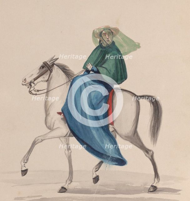 An elegantly dressed woman on horseback, from a group of drawings depicting Peruvian..., ca. 1848. Creator: Attributed to Francisco (Pancho) Fierro.