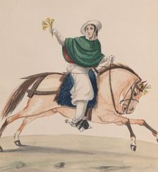 An elegantly dressed woman on horseback, from a group of drawings depicting Peruvian..., ca. 1848. Creator: Attributed to Francisco (Pancho) Fierro