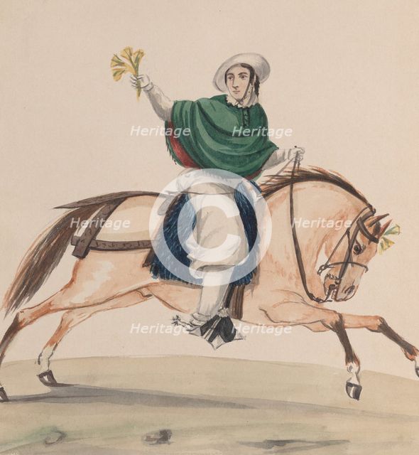 An elegantly dressed woman on horseback, from a group of drawings depicting Peruvian..., ca. 1848. Creator: Attributed to Francisco (Pancho) Fierro.