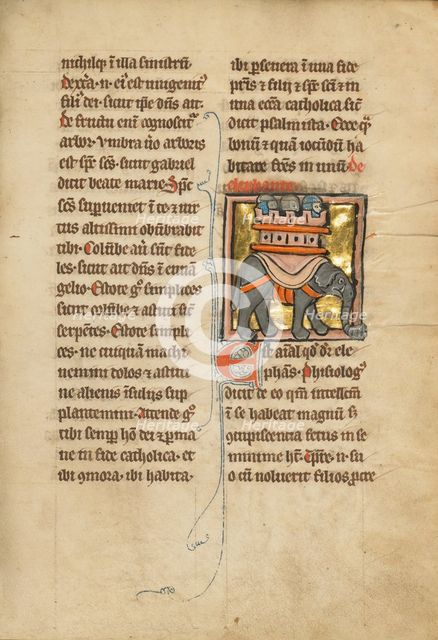 An Elephant Carrying Three Soldiers; De Natura Avium; De Pastoribus et Ovibus, 1277 or after. Creator: Unknown.