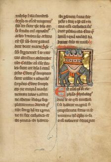 An Elephant Carrying Three Soldiers; De Natura Avium; De Pastoribus et Ovibus, 1277 or after. Creator: Unknown