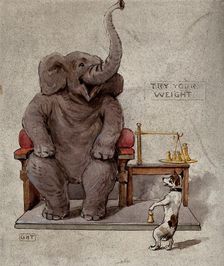 An elephant seated in an armchair is being weighed by a small dog, 1900. Creator: George Hope Tait