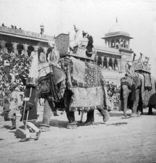 An elephant procession passing Jumma Masjid, Delhi, India, 1900s.Artist: H Hands & Son