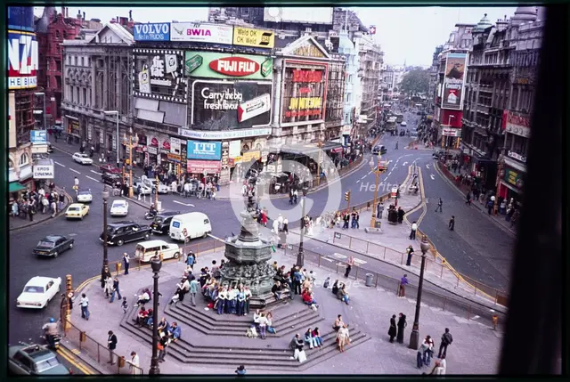 An elevated view looking north-east over Piccadilly Circus, London, 1977. Creator: Dorothy Chapman.