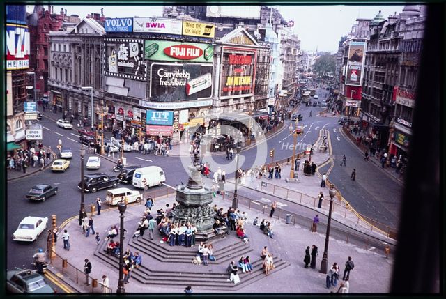An elevated view looking north-east over Piccadilly Circus, London, 1977. Creator: Dorothy Chapman.