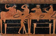 An episode on a Greek red-figured wine-mixing bowl (bell-krater): four reclining..., 1760-9. Creator: Augustin Dahlsteen