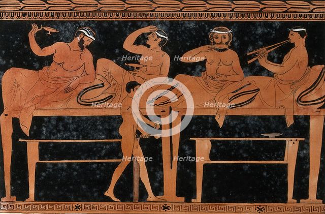 An episode on a Greek red-figured wine-mixing bowl (bell-krater): four reclining..., 1760-9. Creator: Augustin Dahlsteen.