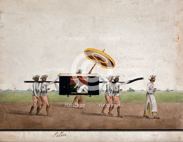 An European man relaxing and reading a book in a palkee carried by four men, (between 1800 & 1899?). Creator: Unknown.