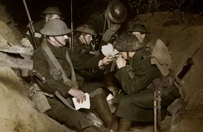 An evening in the reserve trenches at Beaumont Hamel, France, World War I, 1914-1918.  Artist: Realistic Travels Publishers.