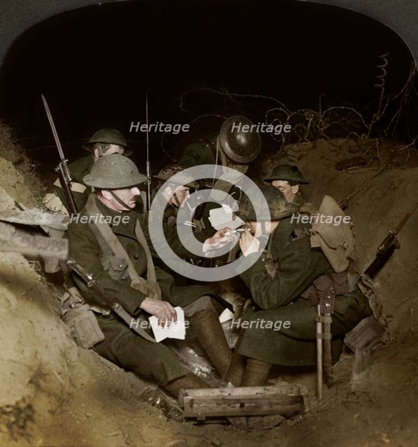 An evening in the reserve trenches at Beaumont Hamel, France, World War I, 1914-1918.  Artist: Realistic Travels Publishers.