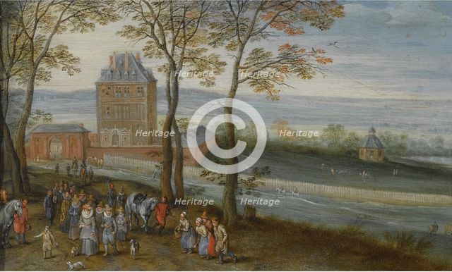 An extensive landscape with a view of the castle of Mariemont, a procession with the archduke Albrec