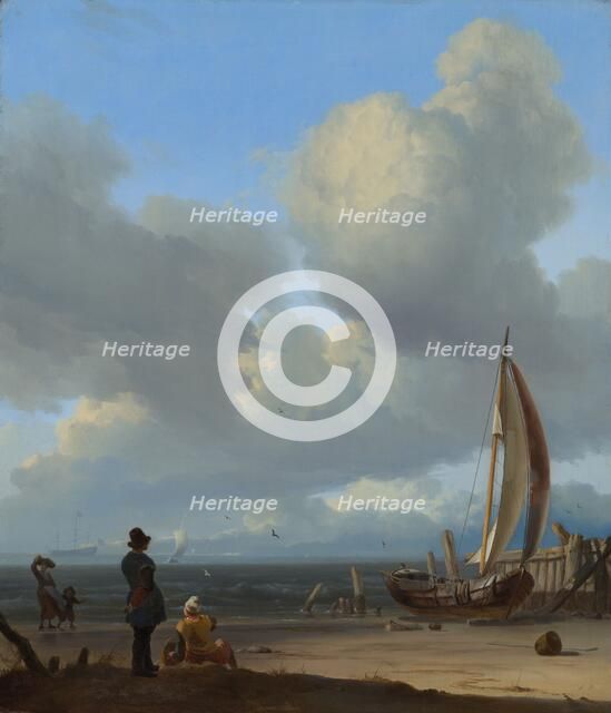 An extensive seascape with figures by a boat on a shore, 1667. Creator: Ludolf Bakhuizen.