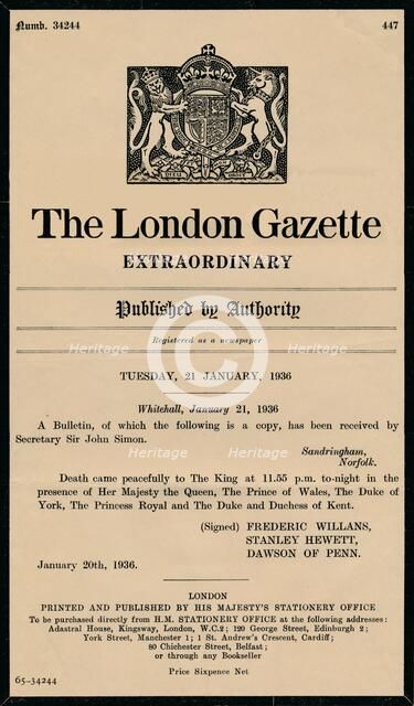 An extraordinary bulletin by The London Gazette anouncing the death of King George V (1865-1936). Artist: Unknown.