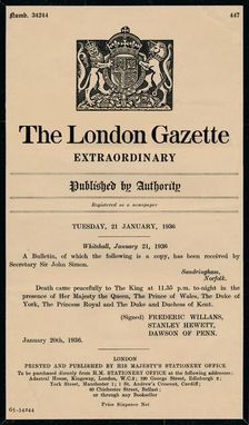 An extraordinary bulletin by The London Gazette anouncing the death of King George V (1865-1936)