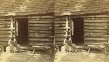 An hour's hunting. [Woman checking a girl's head for lice in front of cabin], (1868-1900?). Creator: O. Pierre Havens
