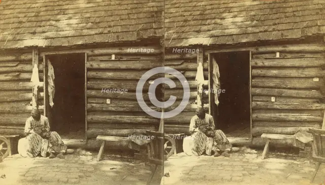 An hour's hunting. [Woman checking a girl's head for lice in front of cabin], (1868-1900?). Creator: O. Pierre Havens.