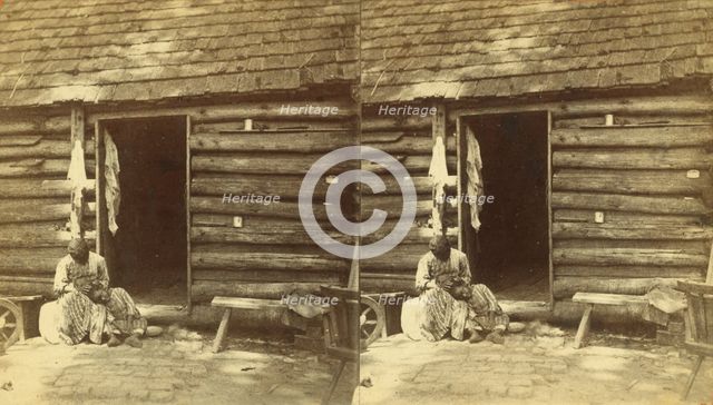 An hour's hunting. [Woman checking a girl's head for lice in front of cabin], (1868-1900?). Creator: O. Pierre Havens.