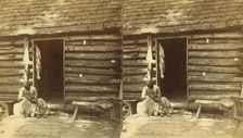 An hour's hunting. [Woman checking a girl's head for lice in front of cabin], (1868-1900?). Creator: O. Pierre Havens