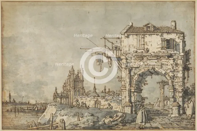 An Imaginary View with a Triumphal Arch, c1755. Creator: Canaletto.