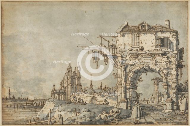 An Imaginary View with a Triumphal Arch, c1755. Creator: Canaletto.