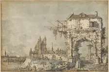 An Imaginary View with a Triumphal Arch, c1755. Creator: Canaletto