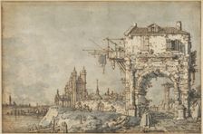 An Imaginary View with a Triumphal Arch, c1755. Creator: Canaletto