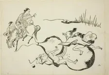 An Impossible Feat by Imaginary Men, no. 8 from a series of 12 prints, c. 1708. Creator: Okumura Masanobu