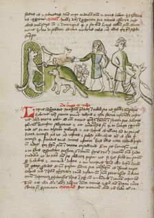 An Imprisoned Wolf and a Fox and Many Dogs Nearby: A Elderly..., third quarter of 15th century. Creator: Unknown