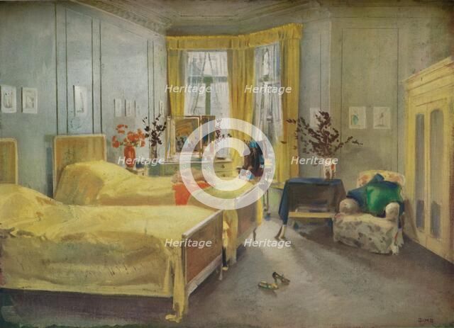 An Interior Scene: a bedroom designed by Mme. Gloria Silva at the Hotel Metropole, London, (1922). Artist: Charles Sims