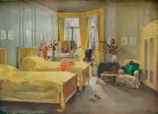 An Interior Scene: a bedroom designed by Mme. Gloria Silva at the Hotel Metropole, London, (1922). Artist: Charles Sims