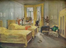 An Interior Scene: a bedroom designed by Mme. Gloria Silva at the Hotel Metropole, London, (1922). Artist: Charles Sims