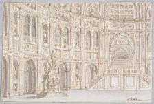 An interior with arcaded gallery and staircase, late 17th century-mid-18th century. Creator: Ferdinando Galli Bibiena