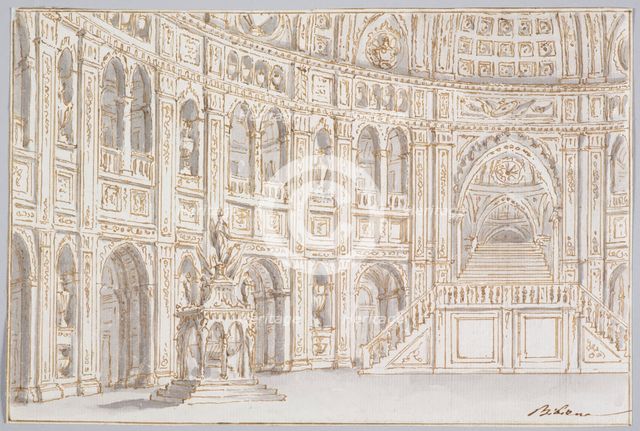 An interior with arcaded gallery and staircase,  late 17th century-mid-18th century. Creator: Ferdinando Galli Bibiena.