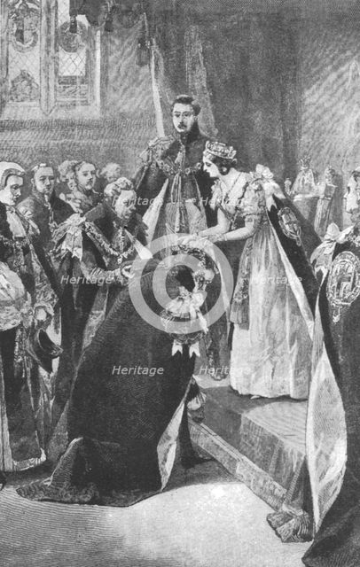 'An Investiture of the Order of the Garter by Queen Victoria', c1830s, (1901).   Creator: Unknown.