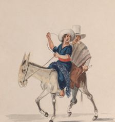 An Indian man and woman riding a donkey, from a group of drawings depicting Peruvian..., ca. 1848. Creator: Attributed to Francisco (Pancho) Fierro