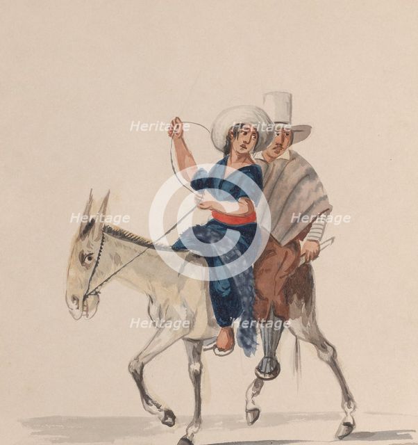 An Indian man and woman riding a donkey, from a group of drawings depicting Peruvian..., ca. 1848. Creator: Attributed to Francisco (Pancho) Fierro.