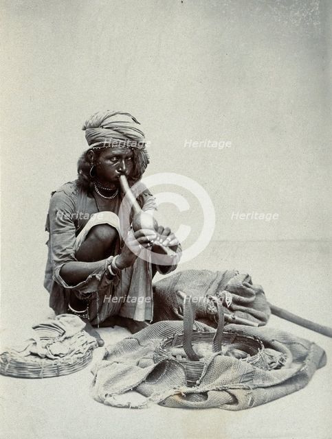 An Indian snake charmer squatting down playing his pipe, with two cobras in a basket in..., c1900. Creator: Unknown.
