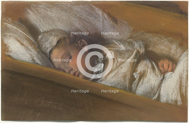 An Infant Asleep in His Crib, 1848. Creator: Adolph Menzel.