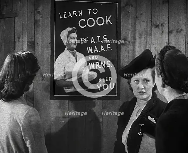 An Information Film Showing Women Looking at a Recruitment Poster for Female Army Cooks, 1942. Creator: British Pathe Ltd.