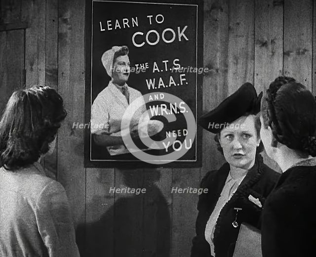 An Information Film Showing Women Looking at a Recruitment Poster for Female Army Cooks, 1942. Creator: British Pathe Ltd.