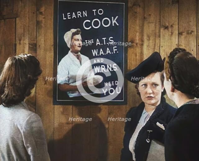 An Information Film Showing Women Looking at a Recruitment Poster for Female Army Cooks, 1942. Creator: British Pathe Ltd.