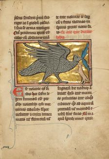 An Ibis with Two Fish in its Beak; De Natura Avium; De Pastoribus et Ovibus, 1277 or after. Creator: Unknown