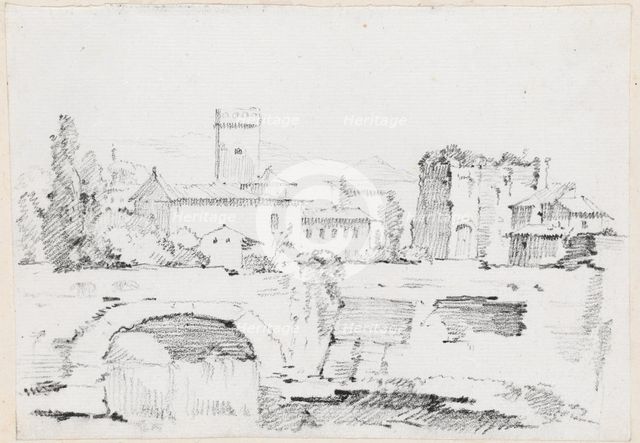An Italian Town with a Stone Bridge and a Waterfall, 1744/1750. Creator: Joseph-Marie Vien the Elder.