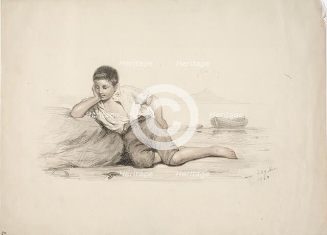 An Italian boy lying against a stone by the bay, 1850-1855. Creator: Karl Anders Ekman.