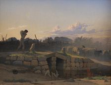 An Italian Shepherd Boy Driving a Flock of Sheep, 1838. Creator: Johan Vilhelm Gertner