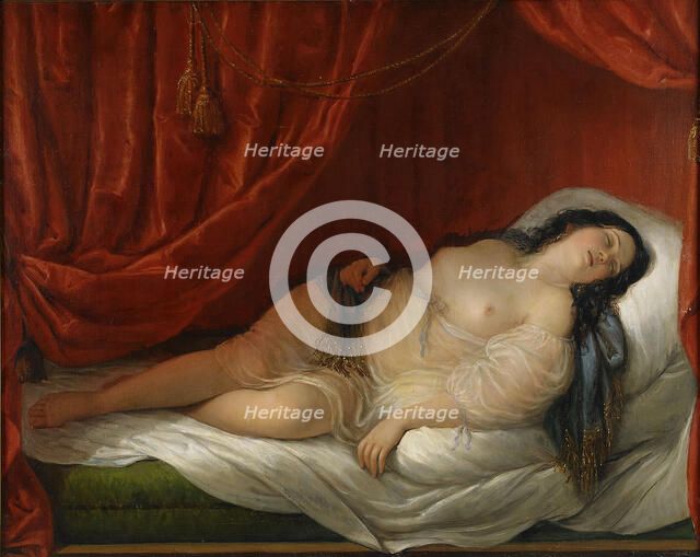 An odalisque in red interior, Early 19th cen.. Artist: Schiavoni, Natale (1777-1858)