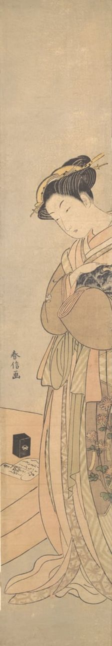 An Oiran Holding a Black Dog, ca. 1769., ca. 1769. Creator: Suzuki Harunobu