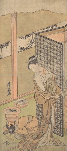 An Oiran in Night Attire, pausing, with one Hand on the Screen that Surrounds Her Bed,..., ca. 1770. Creator: Torii Kiyonaga